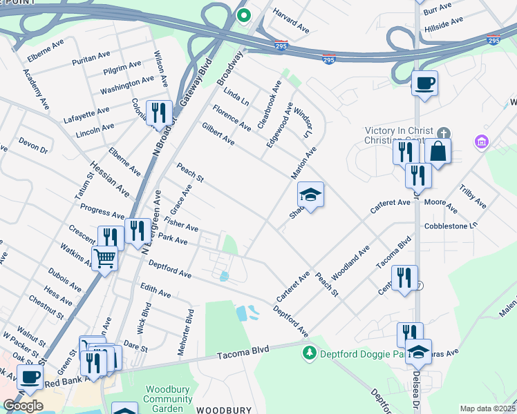 map of restaurants, bars, coffee shops, grocery stores, and more near 86 Peach Street in Westville