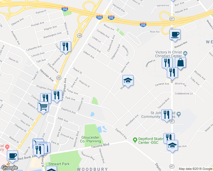 map of restaurants, bars, coffee shops, grocery stores, and more near 86 Peach Street in Westville
