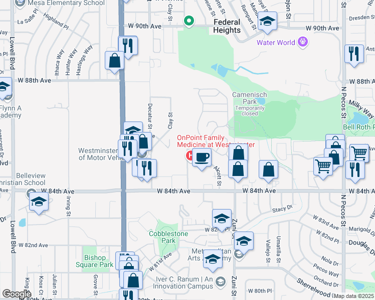 map of restaurants, bars, coffee shops, grocery stores, and more near 8599 Alcott Street in Westminster