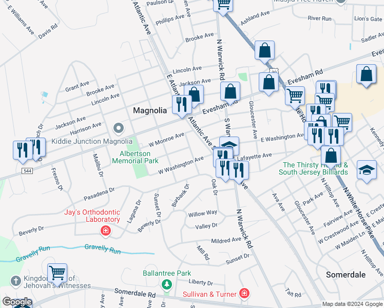 map of restaurants, bars, coffee shops, grocery stores, and more near Chestnut Avenue in Magnolia