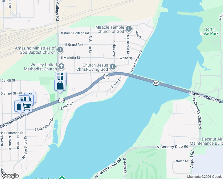 map of restaurants, bars, coffee shops, grocery stores, and more near 4181 East Park Lane in Decatur