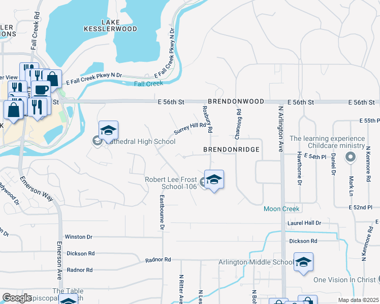 map of restaurants, bars, coffee shops, grocery stores, and more near 5530 Roxbury Terrace in Indianapolis