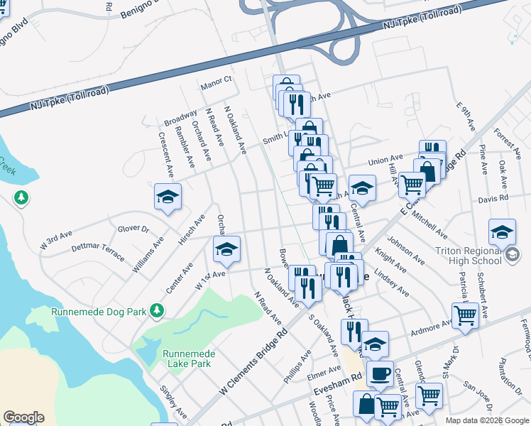 map of restaurants, bars, coffee shops, grocery stores, and more near 324 Bowers Avenue in Runnemede