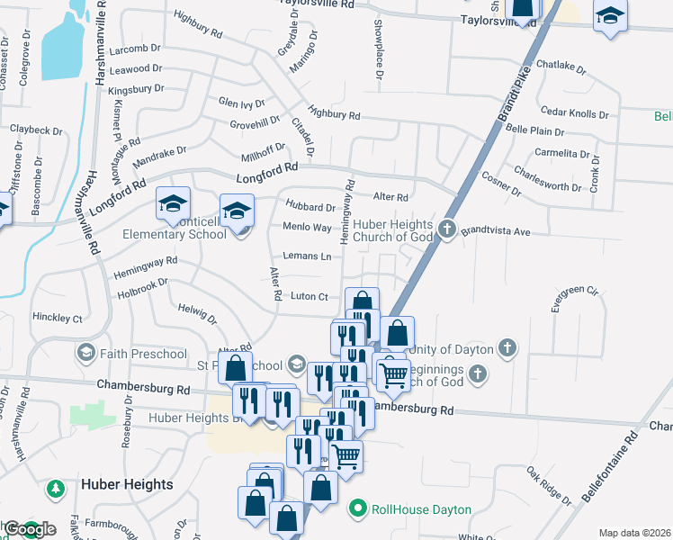 map of restaurants, bars, coffee shops, grocery stores, and more near 6508 Hemingway Road in Dayton