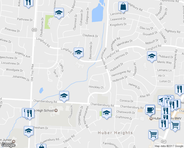 map of restaurants, bars, coffee shops, grocery stores, and more near 6729 Hubbard Drive in Huber Heights