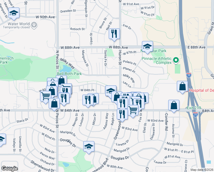 map of restaurants, bars, coffee shops, grocery stores, and more near 1045 West 85th Avenue in Federal Heights