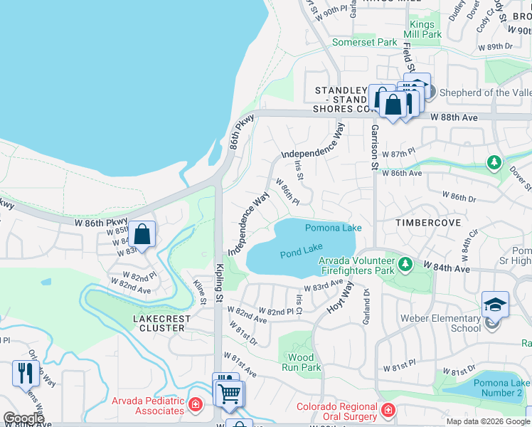 map of restaurants, bars, coffee shops, grocery stores, and more near 9893 West 86th Avenue in Arvada