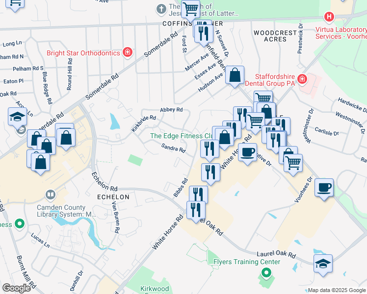 map of restaurants, bars, coffee shops, grocery stores, and more near 2108 Sandra Road in Voorhees Township