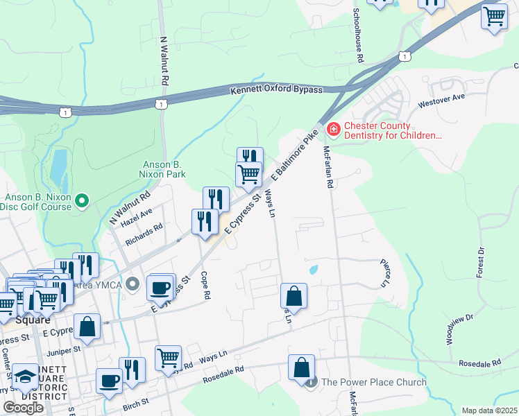map of restaurants, bars, coffee shops, grocery stores, and more near 660 East Cypress Street in Kennett Square