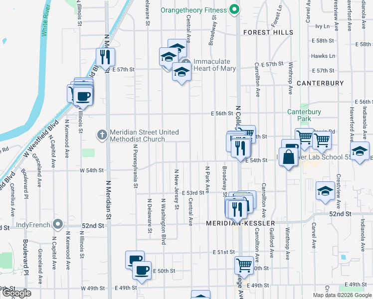 map of restaurants, bars, coffee shops, grocery stores, and more near 5435 North New Jersey Street in Indianapolis