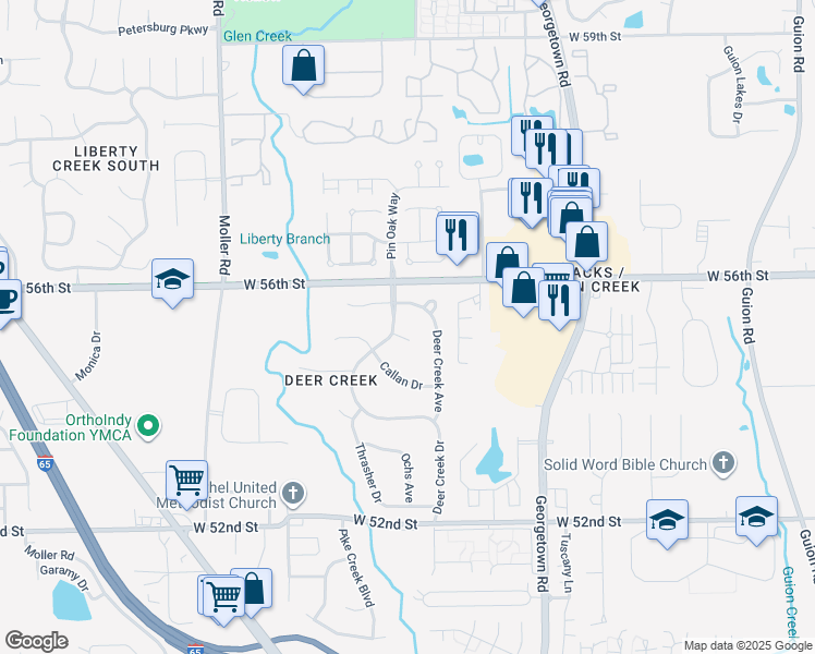 map of restaurants, bars, coffee shops, grocery stores, and more near 5047 Deer Creek Place in Indianapolis