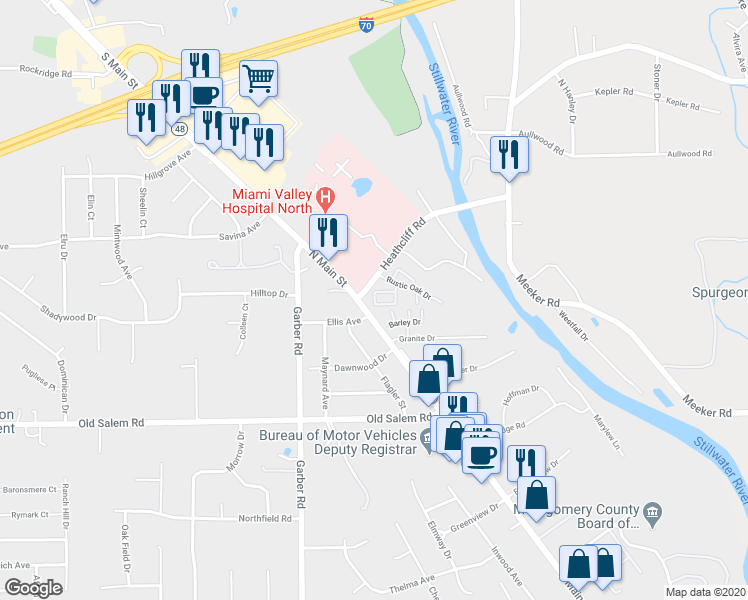 map of restaurants, bars, coffee shops, grocery stores, and more near 547 Valley Oak Court in Dayton