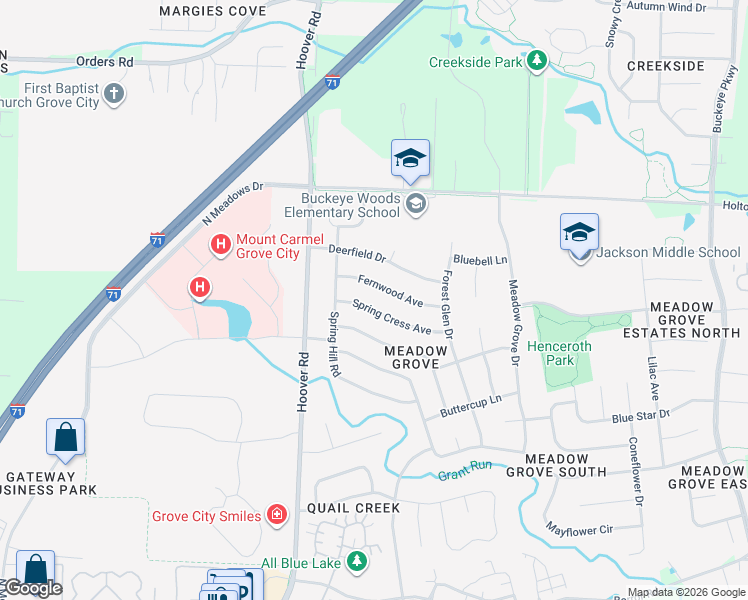 map of restaurants, bars, coffee shops, grocery stores, and more near 2367 Fernwood Avenue in Grove City