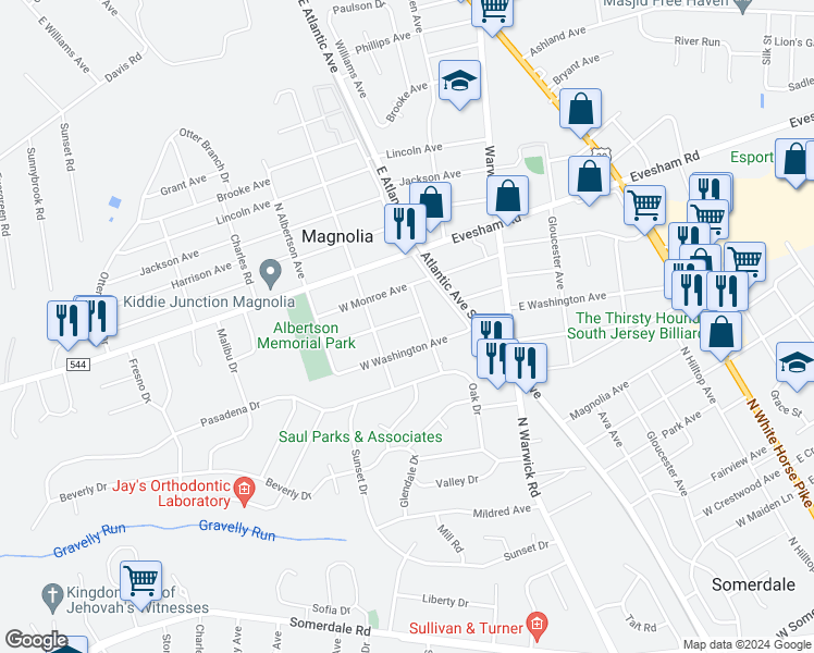map of restaurants, bars, coffee shops, grocery stores, and more near 308 West Adams Avenue in Magnolia