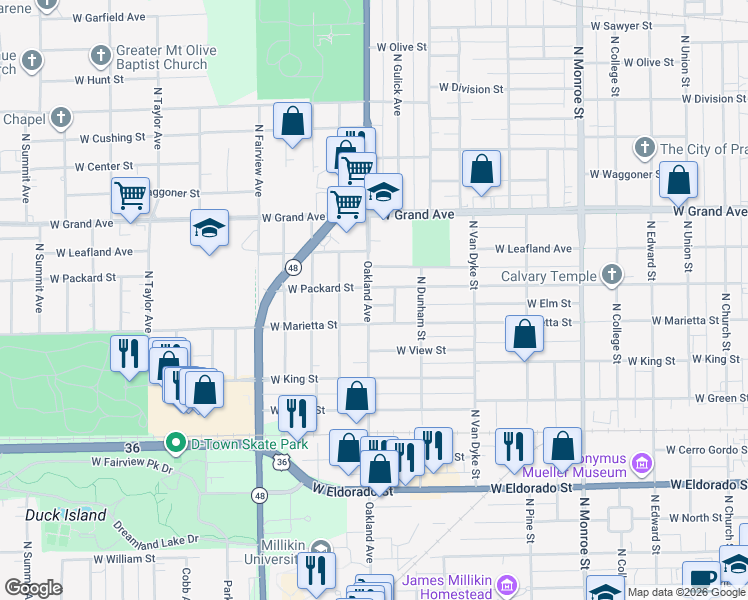 map of restaurants, bars, coffee shops, grocery stores, and more near 1075 West Packard Street in Decatur