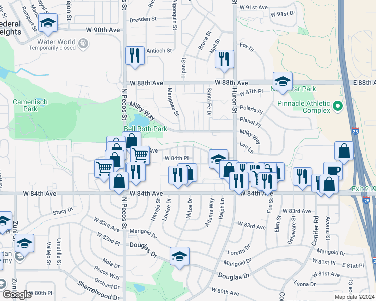 map of restaurants, bars, coffee shops, grocery stores, and more near 8488 Kalamath Court in Federal Heights