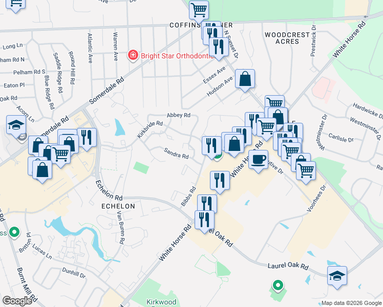 map of restaurants, bars, coffee shops, grocery stores, and more near 2108 Sandra Road in Voorhees Township