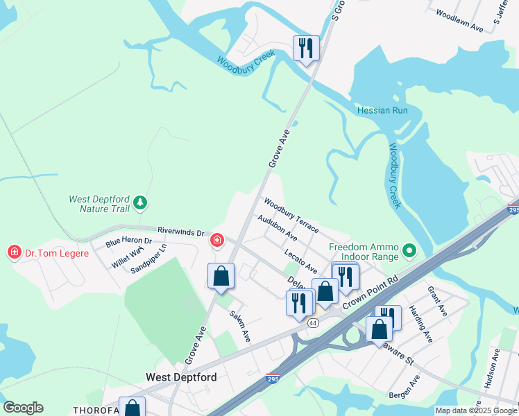 map of restaurants, bars, coffee shops, grocery stores, and more near 329 Grove Avenue in West Deptford
