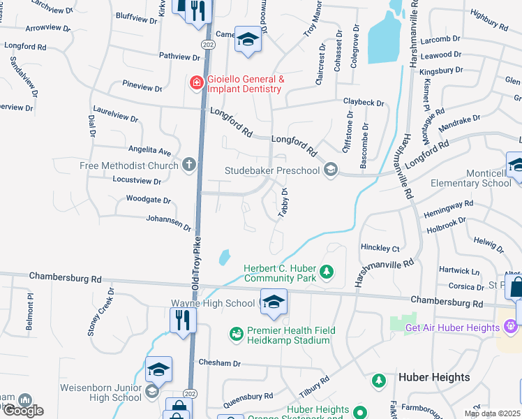 map of restaurants, bars, coffee shops, grocery stores, and more near 6784 Tiger Drive in Huber Heights