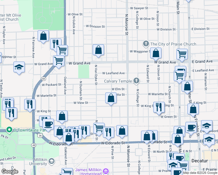 map of restaurants, bars, coffee shops, grocery stores, and more near 819 West Packard Street in Decatur