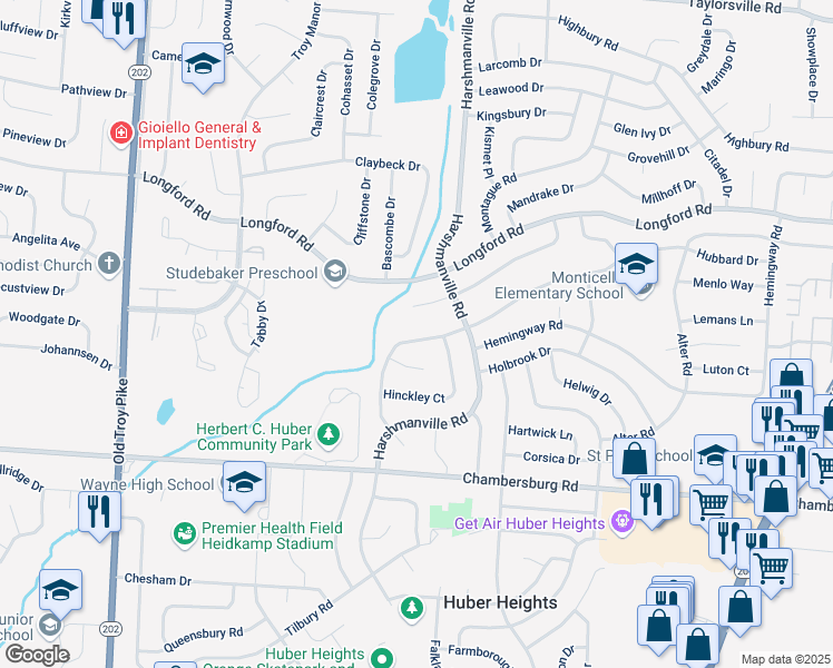 map of restaurants, bars, coffee shops, grocery stores, and more near 6749 Hubbard Drive in Dayton
