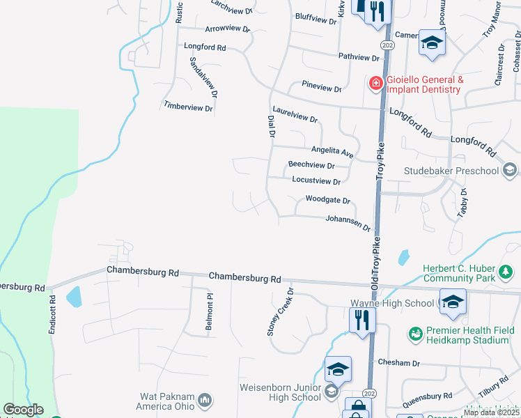 map of restaurants, bars, coffee shops, grocery stores, and more near 5100 Lincrest Place in Dayton