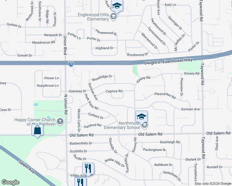 map of restaurants, bars, coffee shops, grocery stores, and more near 4020 Caprice Road in Englewood
