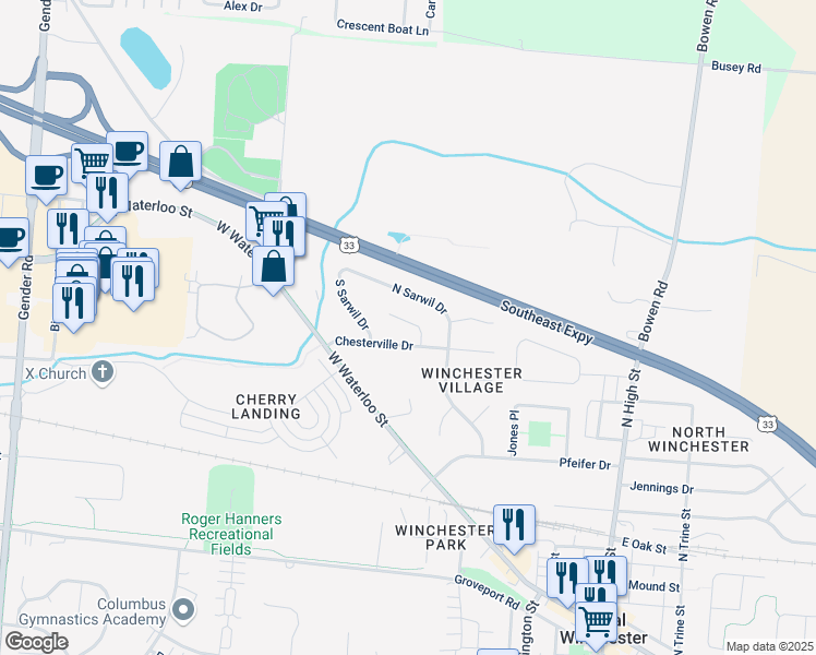 map of restaurants, bars, coffee shops, grocery stores, and more near 325 Old Meadows Court in Canal Winchester