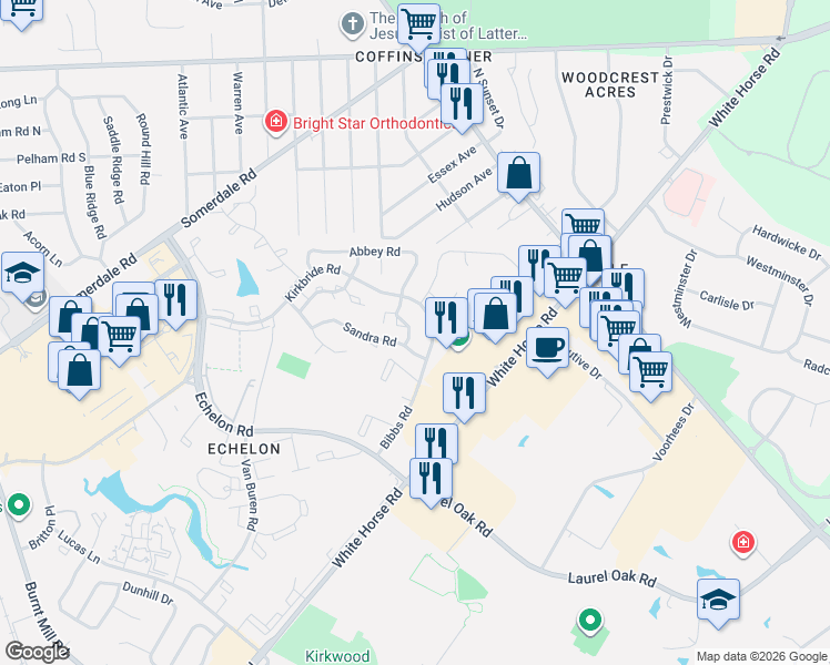 map of restaurants, bars, coffee shops, grocery stores, and more near 2108 Sandra Road in Voorhees Township