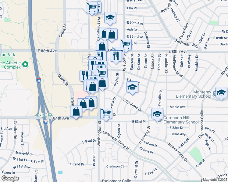 map of restaurants, bars, coffee shops, grocery stores, and more near 8550 Ogden Street in Thornton