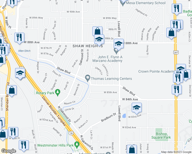 map of restaurants, bars, coffee shops, grocery stores, and more near Cedar Lane in Westminster