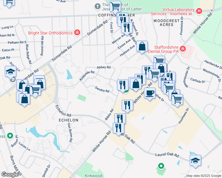 map of restaurants, bars, coffee shops, grocery stores, and more near 2108 Sandra Road in Voorhees Township