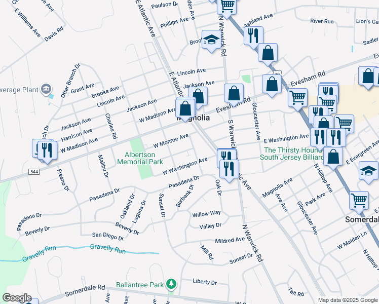 map of restaurants, bars, coffee shops, grocery stores, and more near 304 West Adams Avenue in Magnolia