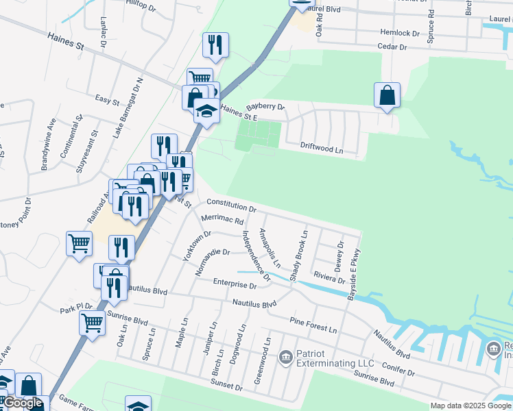 map of restaurants, bars, coffee shops, grocery stores, and more near 374 Constitution Drive in Lacey Township
