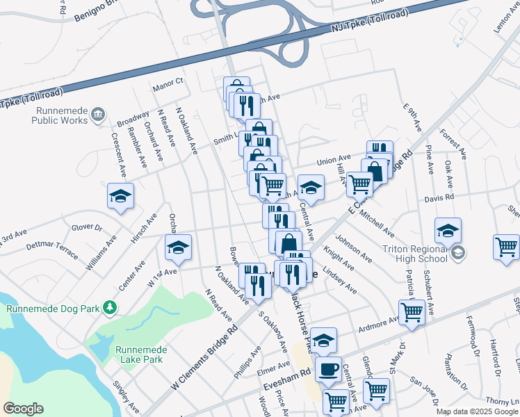 map of restaurants, bars, coffee shops, grocery stores, and more near 10 West 4th Avenue in Runnemede