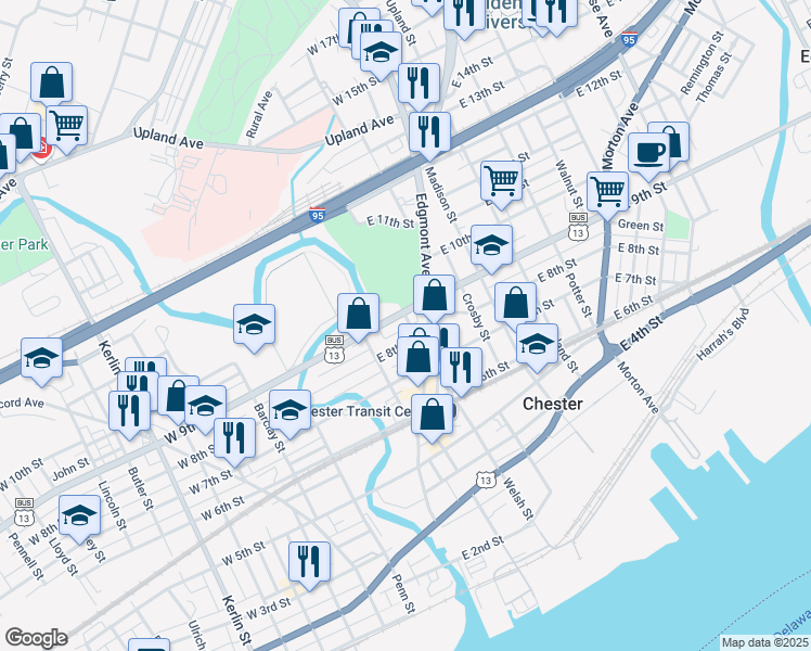 map of restaurants, bars, coffee shops, grocery stores, and more near 812-818 Welsh Street in Chester