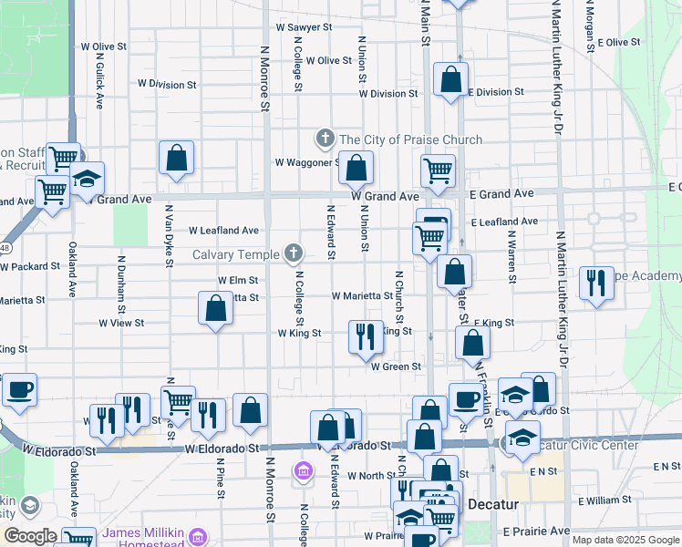 map of restaurants, bars, coffee shops, grocery stores, and more near 1056 North Edward Street in Decatur
