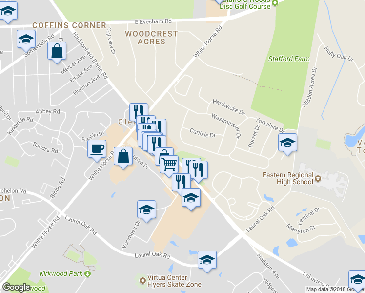 map of restaurants, bars, coffee shops, grocery stores, and more near 75 Westminster Drive in Voorhees Township