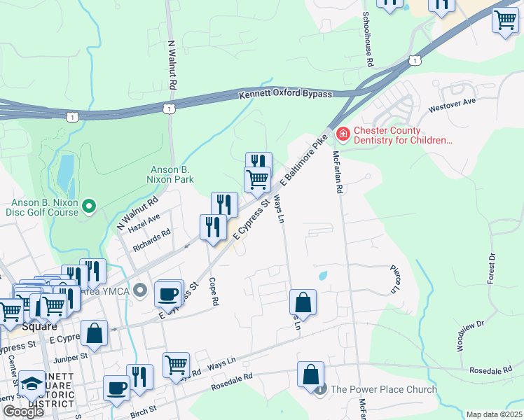 map of restaurants, bars, coffee shops, grocery stores, and more near 660 East Cypress Street in Kennett Square