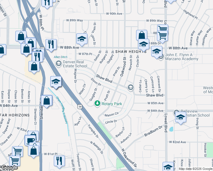 map of restaurants, bars, coffee shops, grocery stores, and more near 4341 Dixon Dr in Westminster