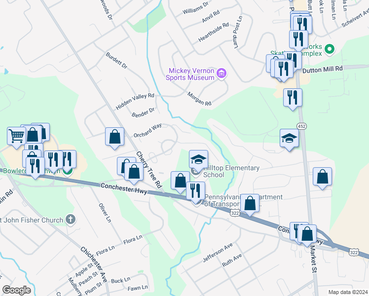 map of restaurants, bars, coffee shops, grocery stores, and more near 707 Springton Circle in Aston