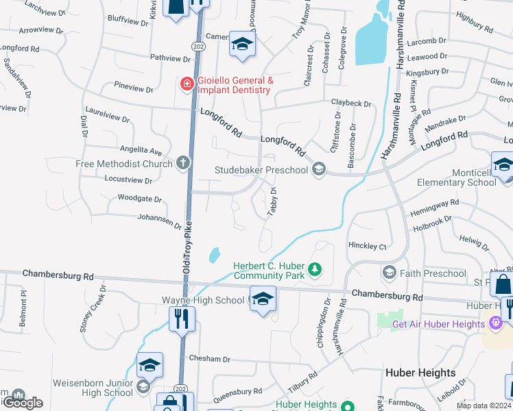 map of restaurants, bars, coffee shops, grocery stores, and more near 6784 Tiger Drive in Huber Heights
