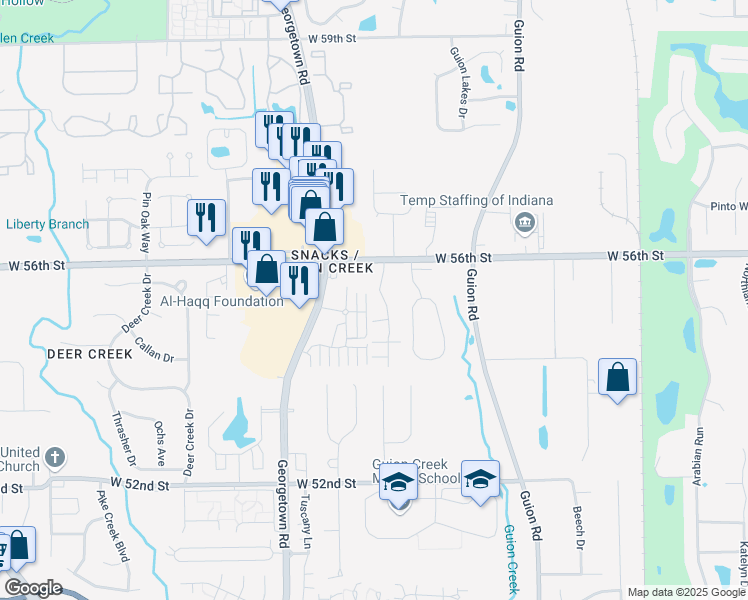 map of restaurants, bars, coffee shops, grocery stores, and more near 5522 Rosewood Commons Drive in Indianapolis