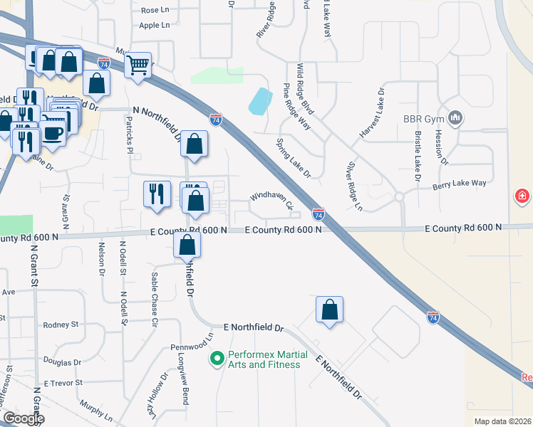 map of restaurants, bars, coffee shops, grocery stores, and more near 1122 Windhaven Circle in Brownsburg