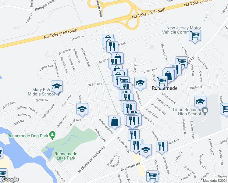 map of restaurants, bars, coffee shops, grocery stores, and more near 22 West 4th Avenue in Runnemede