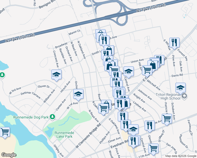 map of restaurants, bars, coffee shops, grocery stores, and more near 324 Bowers Avenue in Runnemede