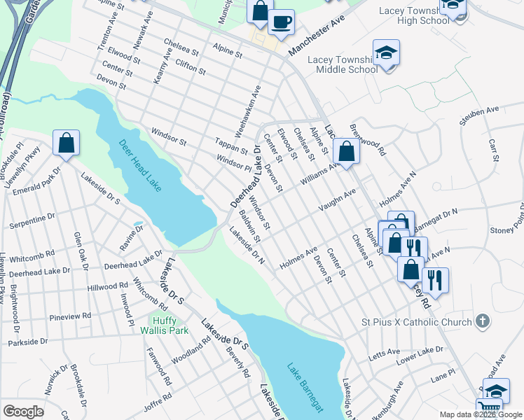 map of restaurants, bars, coffee shops, grocery stores, and more near 618 Windsor Street in Lacey Township