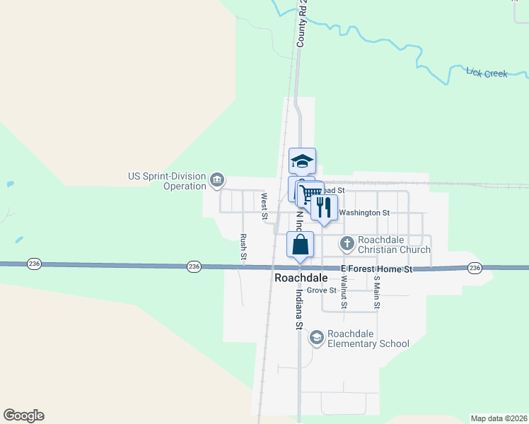 map of restaurants, bars, coffee shops, grocery stores, and more near 100 West Washington Street in Roachdale