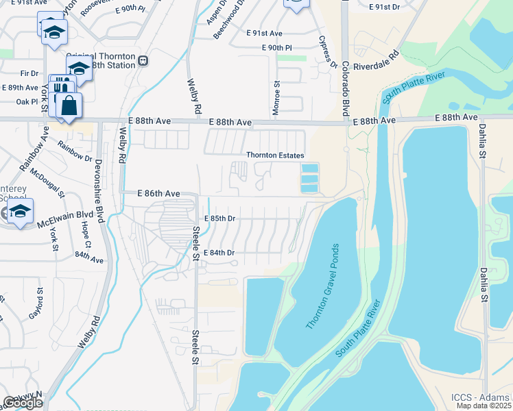 map of restaurants, bars, coffee shops, grocery stores, and more near 8582 Monroe Court in Thornton