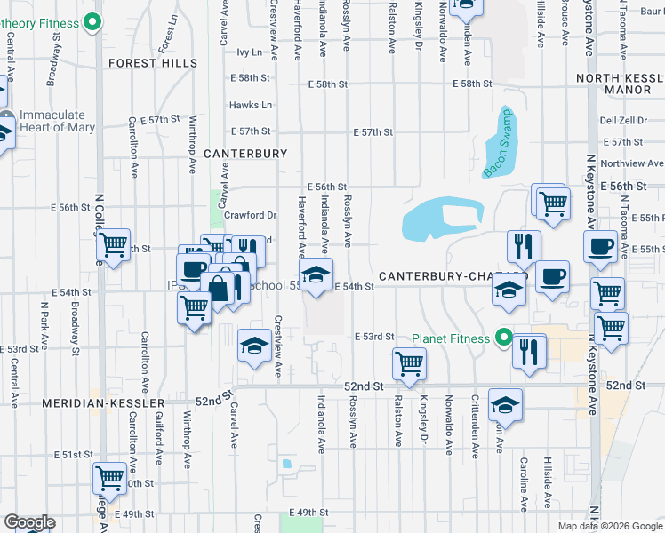 map of restaurants, bars, coffee shops, grocery stores, and more near 5419 Indianola Avenue in Indianapolis